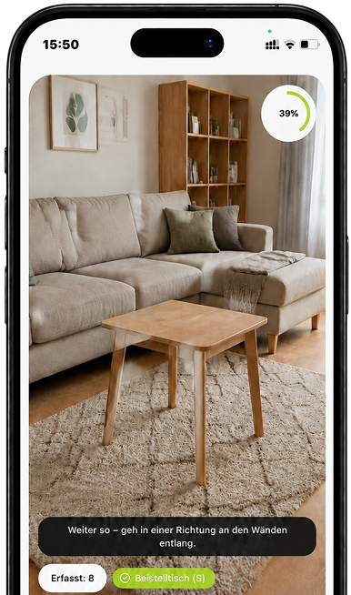 Live-Ansicht des moovai Scan-Rundgangs: Das Wohnzimmer wird per Smartphone erfasst, Fortschritt und erfasste Gegenstände sind eingeblendet.