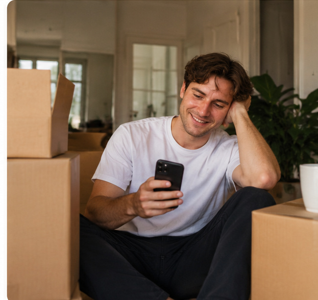 Mann schaut auf sein Smartphone zwischen Umzugskartons