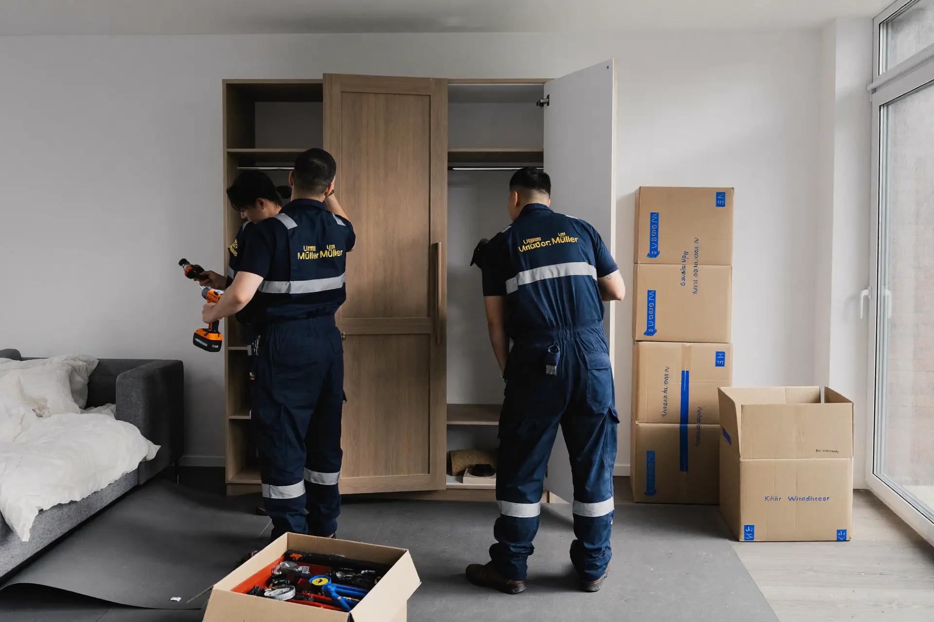 Zwei Monteure bauen einen Kleiderschrank im neuen Zuhause auf